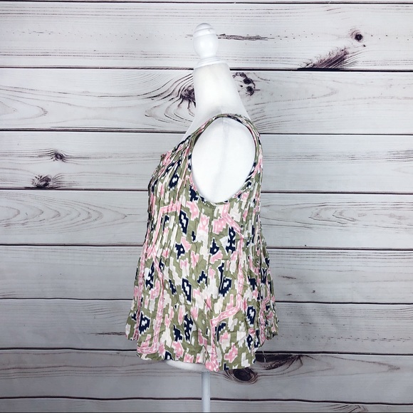 MAEVE Green Pink Ikat Soana Pleated Tank Top 4 - Picture 5 of 7